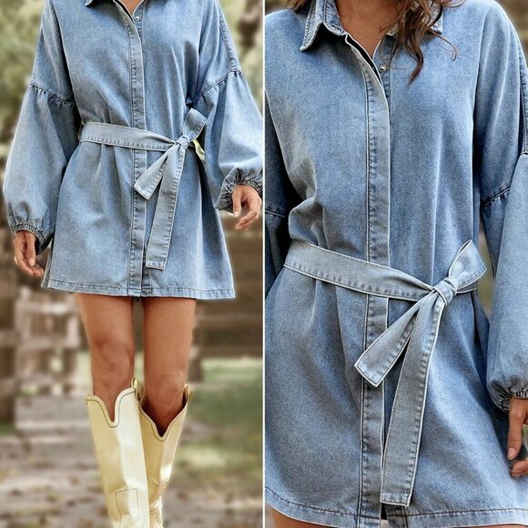 Blue Casual Women's Button Front Long Sleeve Denim Belted Dress - Picture 1 of 8